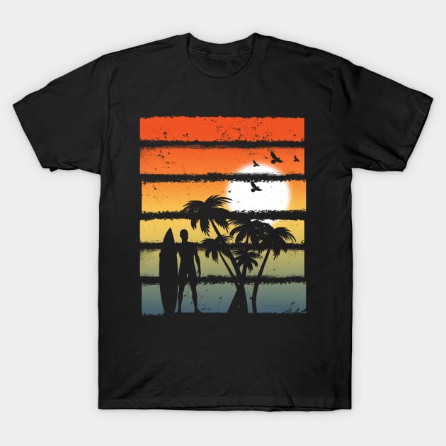 Summer Sunset Graphic Icon Surfer Ocean Palm T-Shirt by YouthfulGeezer